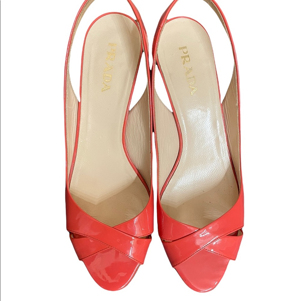 Prada peep toe patent leather slim back orange heels size 39(9) USA